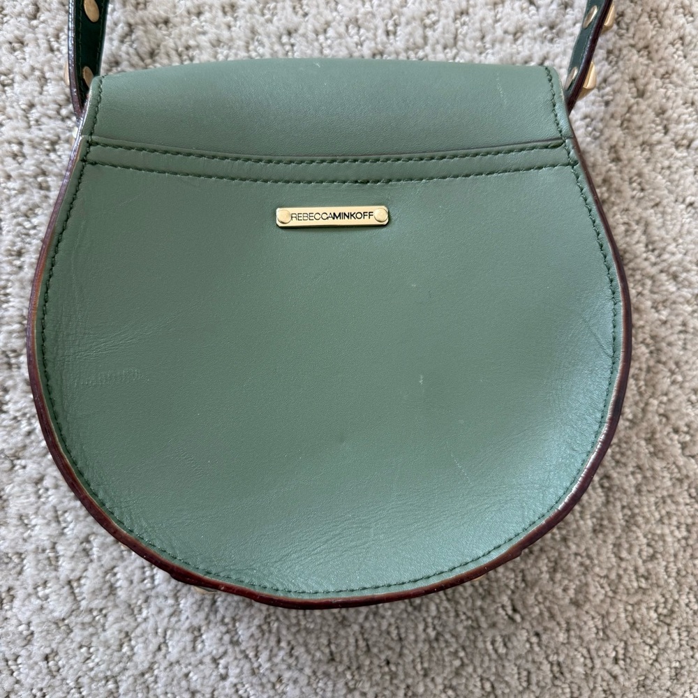 Rebecca Minkoff Mini Skylar Olive Green Gold Studded Cross Body Saddle Bag Purse - Picture 6 of 9